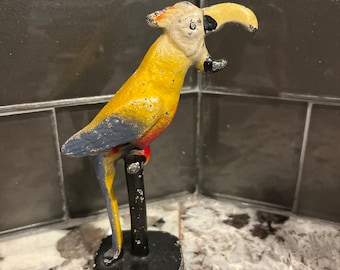 Vintage Cast Iron Parrot Bottle Opener: Hand-Painted Bar Decor