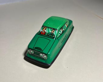 Antique 1960s Tin Wind-Up Toy Car - Green HI-WAY Road Car