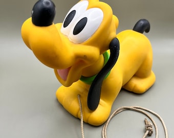 Disney Pluto Pull Along Toy Makes Sound Hard Plastic Vintage 9” Works!