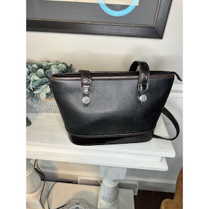 Vintage Brighton Schwarz Pebbled Leder Tote Croc Trim Umhängetasche Floral Futter Bild 1