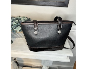 Vintage Brighton Black Pebbled Leather Tote Croc Trim Shoulder Bag Floral Lining