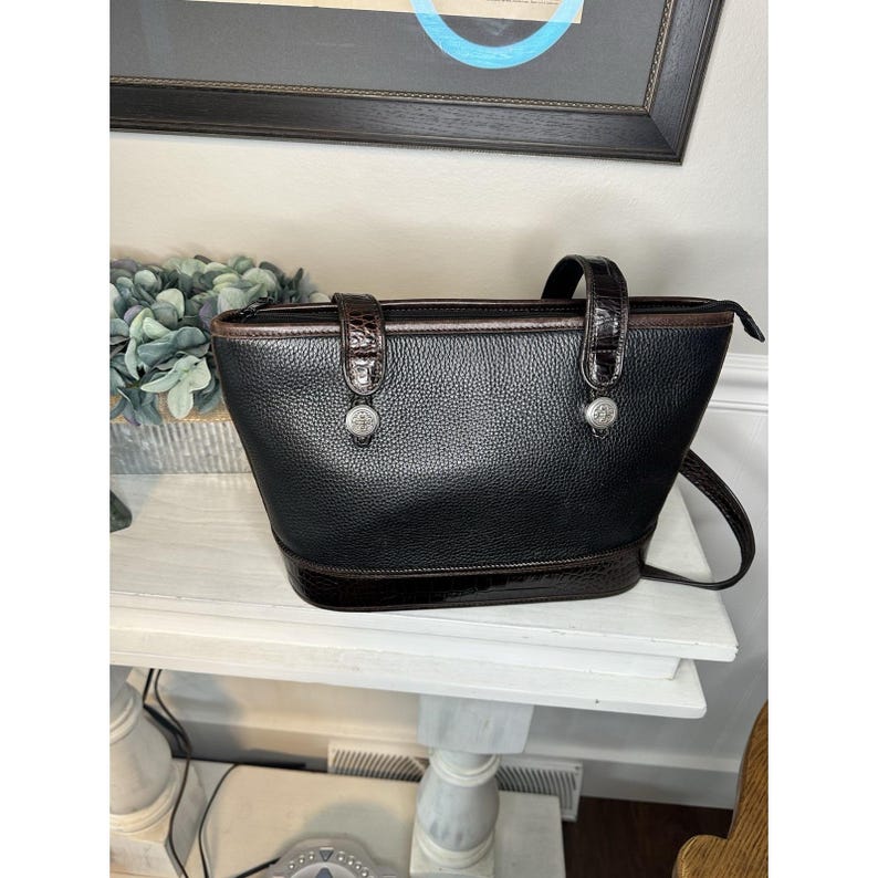 Vintage Brighton Schwarz Pebbled Leder Tote Croc Trim Umhängetasche Floral Futter Bild 1