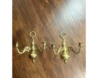 Pair Vintage Brass Double Arm Wall Sconce Taper Candle Holders 9.5 x 9.5