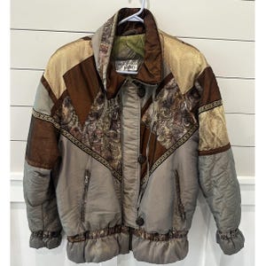 Chaqueta bomber acolchada estilo patchwork vintage de los años 80 de J Gallery, talla M para mujer.