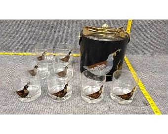 Cubitera vintage Couroc Quail con tapa y pinzas + 8 vasos, artículos de bar de mediados de siglo