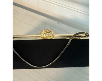Vintage 50s Handbag Black Fabric Gold-tone Hardware W/Handle Evening Clutch