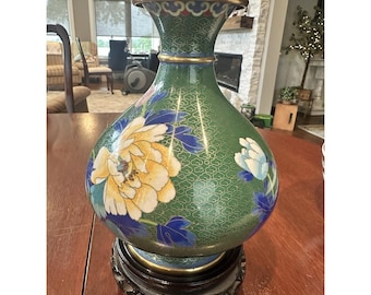 Vintage Chinese 10" Cloisonné Enamel  Vase Green Peony  Blossoms W Stand