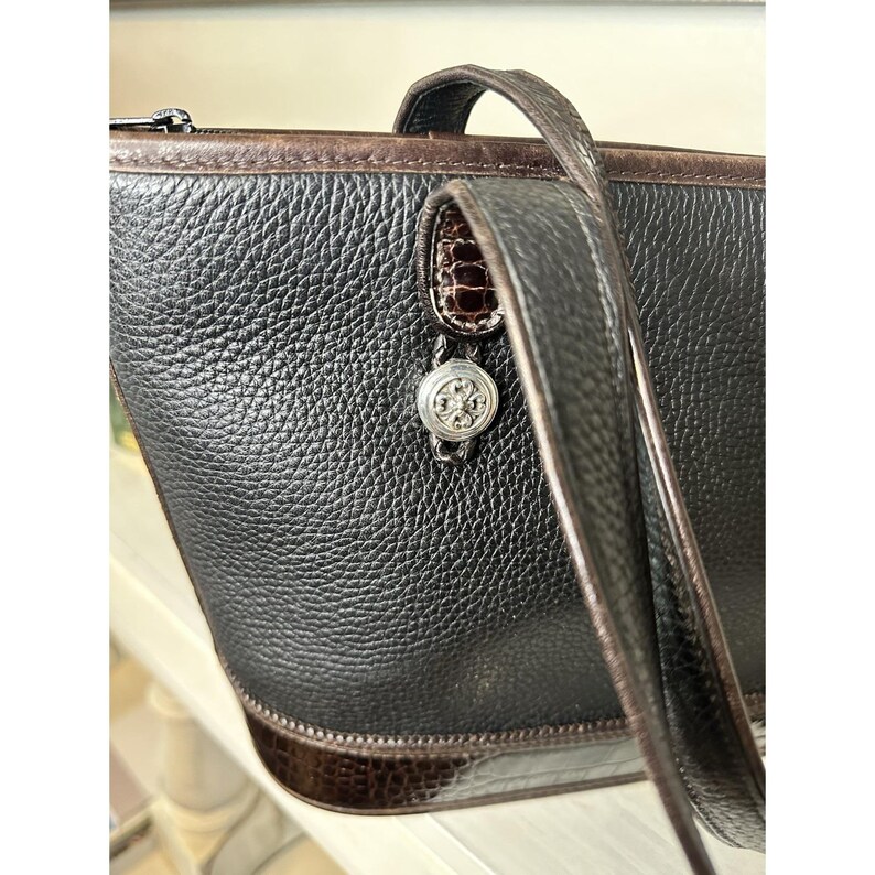 Vintage Brighton Schwarz Pebbled Leder Tote Croc Trim Umhängetasche Floral Futter Bild 9
