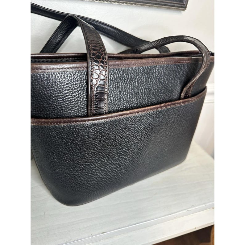 Vintage Brighton Schwarz Pebbled Leder Tote Croc Trim Umhängetasche Floral Futter Bild 2