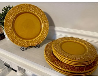 Vintage Französisch Varages Senf Gelb Efeu Teller | Blatt Keramik Set