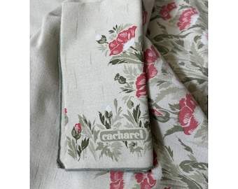 Vintage CACHAREL  Linen TableCloth Rectangle 100x54 12 Napkins Poppies French
