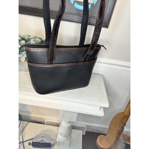 Vintage Brighton Schwarz Pebbled Leder Tote Croc Trim Umhängetasche Floral Futter Bild 3