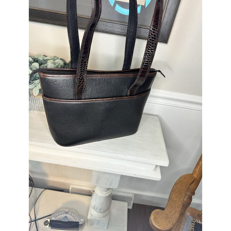 Vintage Brighton Schwarz Pebbled Leder Tote Croc Trim Umhängetasche Floral Futter Bild 3