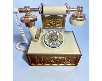 Telefon VTG Deco-Tel z tarczą obrotową, złoty, ozdobny, w stylu wiktoriańskim regencji