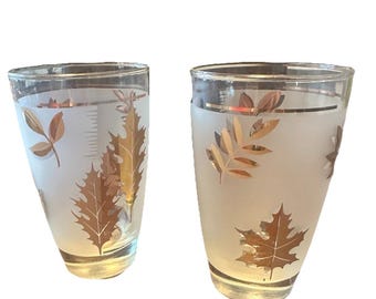 Set of 2 Vintage MCM Libbey Frosted Gold Leaf Glasses