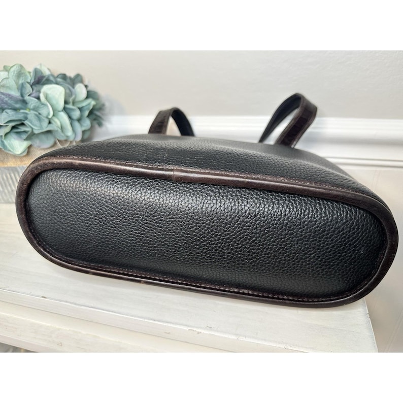 Vintage Brighton Schwarz Pebbled Leder Tote Croc Trim Umhängetasche Floral Futter Bild 8