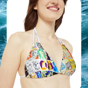 May include: A colorful triangle bikini top with a white halter strap. The fabric features a collage of images and text, including a portrait of a man and the word "Think".