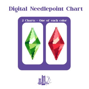 May include: Digital needlepoint chart with two diamond-shaped designs, one green and one red, each in a pixelated style. The text "Digital Needlepoint Chart" is at the top, with "2 Charts - One of each color" below it. A logo is at the bottom.