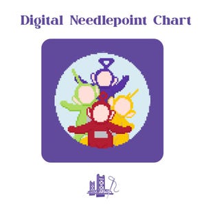 Pode incluir: Gráfico digital de ponto de cruz com quatro personagens coloridos dos Teletubbies em um design pixelizado. Os personagens estão em um círculo azul claro sobre um fundo roxo. O texto "Digital Needlepoint Chart" está no topo.