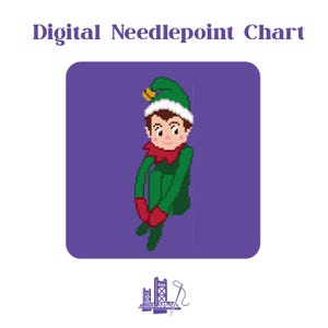 Könnte beinhalten: Digitales Nadelmalerei-Diagramm mit einem pixeligen Elf in Grün, Rot und Weiß auf lila Hintergrund. Der Elf trägt einen grünen Hut mit goldenem Detail und rote Handschuhe. Das Bild enthält Text oben und ein Logo unten.