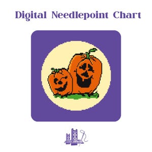 May include: Digital Needlepoint Chart featuring two orange jack-o'-lanterns with smiling faces on a purple background. The pumpkins are set against a yellow circle, with green grass below. The text "Digital Needlepoint Chart" is at the top.