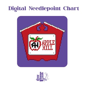May include: Digital needlepoint chart with a red barn design. The barn features a white sign with a green apple and the words "APPLE HILL". The background is a purple square. The text "Digital Needlepoint Chart" is at the top.