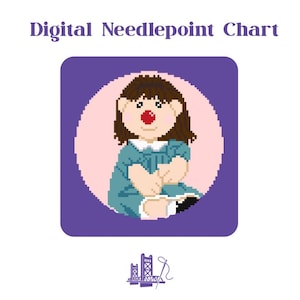 May include: Digital Needlepoint Chart graphic featuring a pixelated doll with brown hair, a red nose, and a blue dress. The doll is set against a pink circle on a purple square. The text "Digital Needlepoint Chart" is at the top.