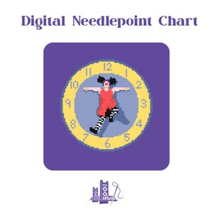 May include: Digital Needlepoint Chart graphic. A pixelated image of a woman in a red dress and black and white striped stockings, positioned within a yellow clock face against a purple background. The clock hands are at 12:00. A logo is at the bottom.