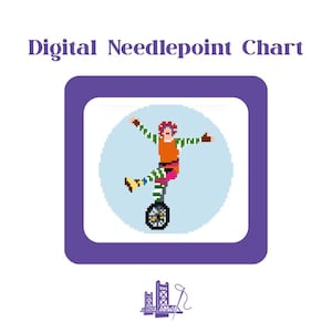 May include: A digital needlepoint chart featuring a pixelated illustration of a figure with red hair wearing an orange and green outfit, riding a unicycle on a light blue circular background, enclosed in a purple square frame with the text Digital Needlepoint Chart.
