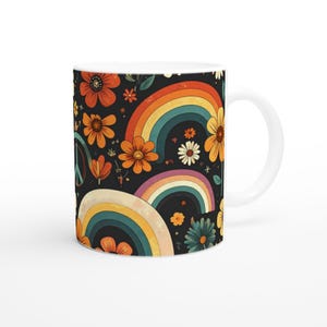 Retro 70s Mug | Peace Sign, Rainbow & Floral Coffee Cup | Vintage Groovy Ceramic Mug