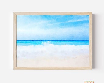 Watercolor Sea Blue and Beige Printable Wall Art Abstract Sea Download DIY Print Watercolor Painting Digital File Neutral Sea and Sky Poster