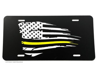 Support Dispatchers American Flag Yellow Color Grunge License Plate Cover