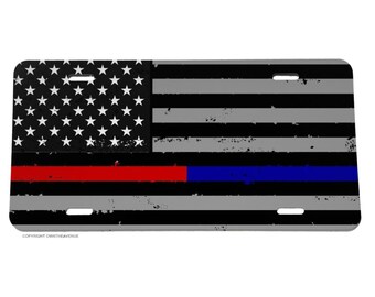 Support Police Fire Fighters Grunge USA American Flag License Plate Cover Model2