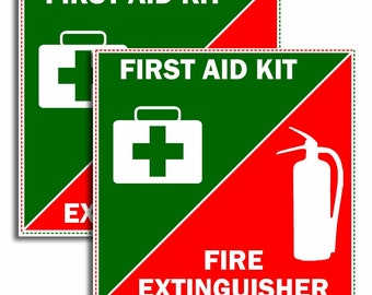 First Aid Kit And Fire Extinguisher 2 Pack Lot Safety Vinyl Stickers 3.5" Inches