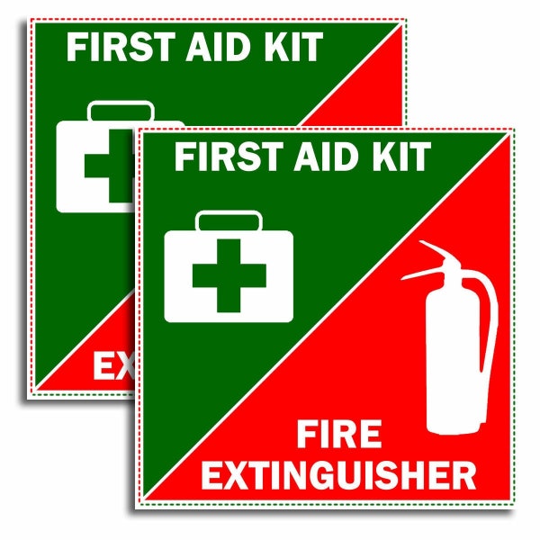 First Aid Kit And Fire Extinguisher 2 Pack Lot Safety Vinyl Stickers 3.5" Inches