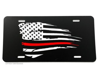Support Fire Fighters American Flag Red Color Grunge License Plate Cover