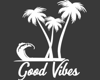 Good Vibes Palm Trees Beach Sticker Car Window Truck Decal 5" White