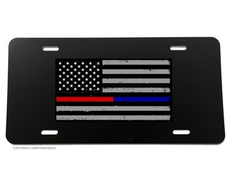 Tattered Support Police & Fire Thin Blue Red USA Flag License Plate Cover