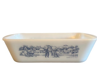 Vinatge Glasbake Loaf Pan Currier & Ives Amish Print