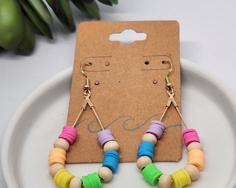 Rainbow Clay Bead Hoop Earrings with gold plated hooks- Lightweight, trendy heishi beads