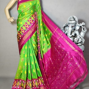 Pure Ikat Silk Saree in Gorgeous Parrot-Green Color and Vibrant Magenta Border