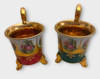 Vintage Vienna Style Gilt Porcelain Demitasse Cups Romantic Courting Scene 1950-1970