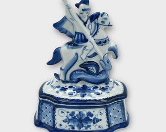 Vintage Gzhel Figurine St George Dragon 6” Trinket Box Signed Ermakov USSR 1980