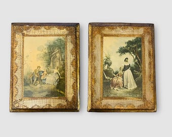 Vintage Italian Florentine Gilt Wood Wall Plaques Prints Rococo Fragonard Pair