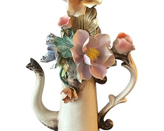 Vintage Capodimonte Floral Pitcher Ewer Applied Roses Hand Painted 1980-1989 Italy 10”