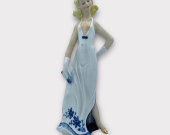 Vintage Wallendorf Figurine Elegant Lady in White &Cobalt Blue Germany 10.75”