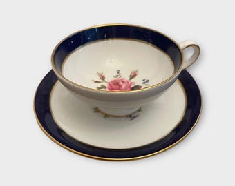 Vintage Coalport Fairfax Tea Cup Saucer Cobalt Gold Rose Hand Painted W. Birkbeck 1920-1930