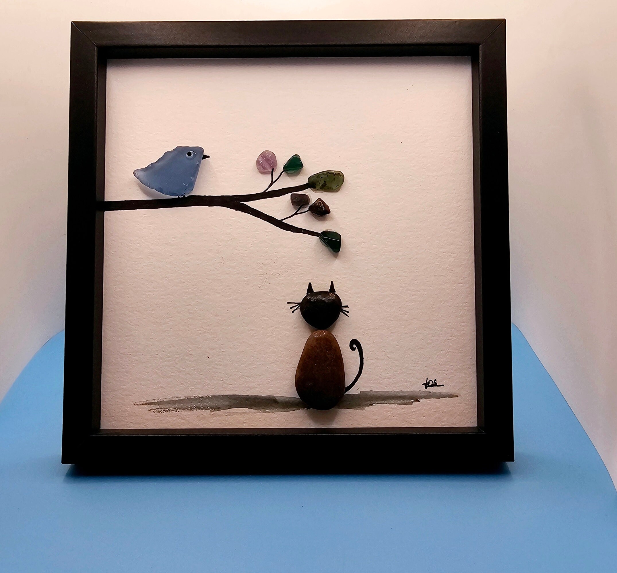 Cat and Bird Art, Pebble Art, Unique Gift ideas, cat lover gift, bird lover gift, nature art, pet art,