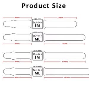 May include: A diagram showing the different sizes of watch bands for Apple Watches. The diagram shows the length of the band in millimeters for both small and large sizes for 38/40mm and 42/44mm watches.