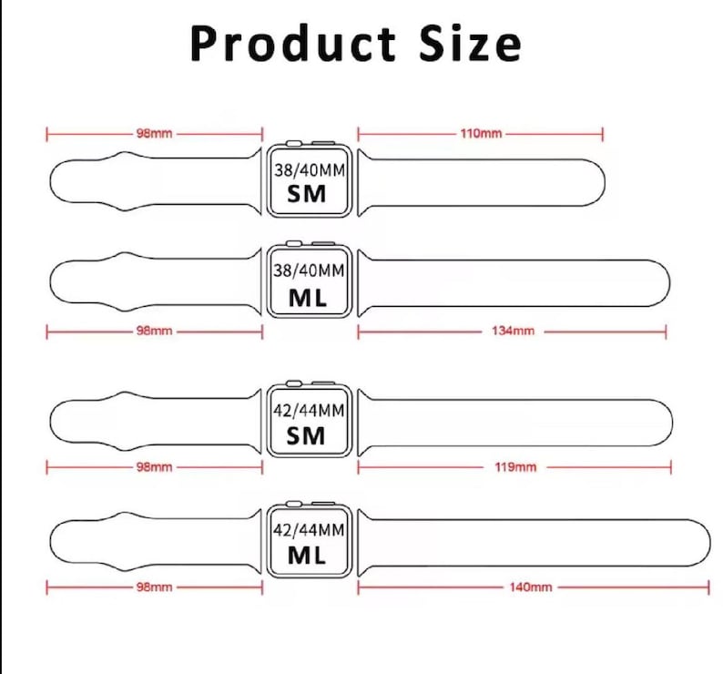 May include: A diagram showing the different sizes of watch bands for Apple Watches. The diagram shows the length of the band in millimeters for both small and large sizes for 38/40mm and 42/44mm watches.